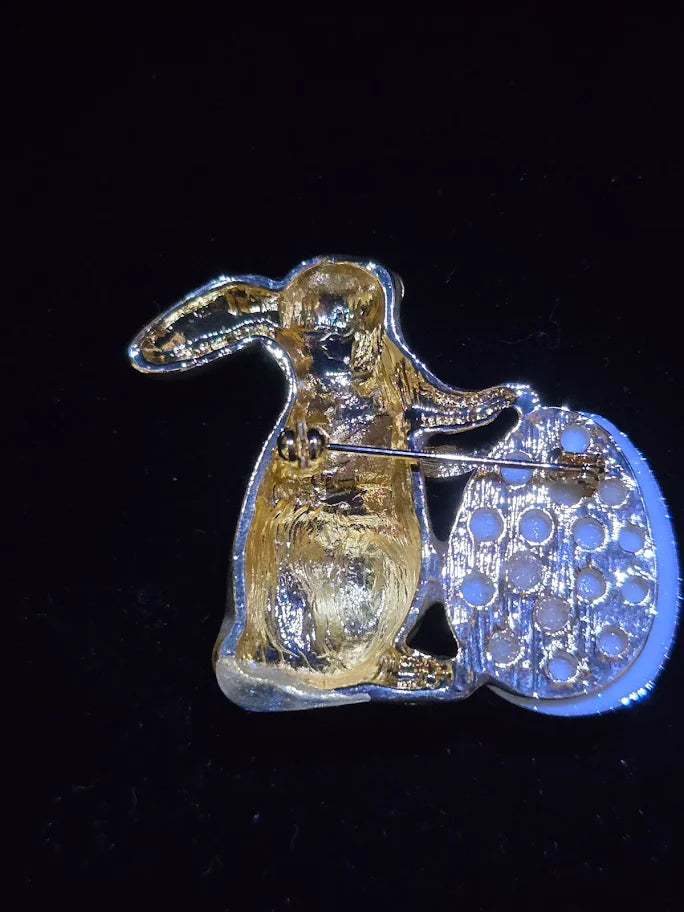 Easter Bunny Brooch | Gold-Tone with Multicolor Crystal Accents | Vintage Style Pin