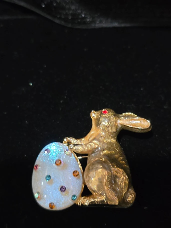 Easter Bunny Brooch | Gold-Tone with Multicolor Crystal Accents | Vintage Style Pin