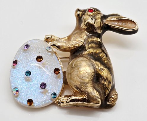 Easter Bunny Brooch | Gold-Tone with Multicolor Crystal Accents | Vintage Style Pin