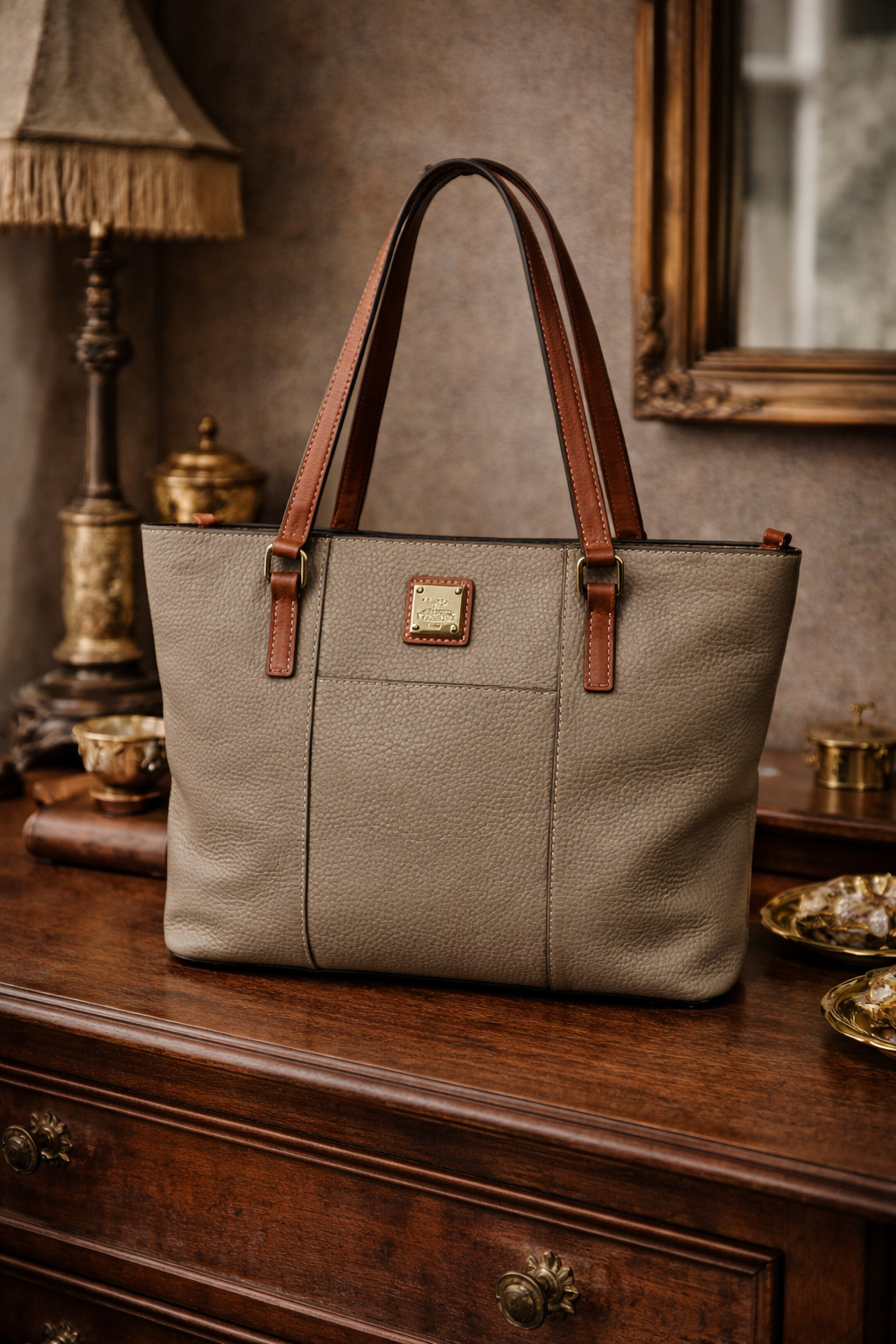 Dooney & Bourke Pebbled Leather Shopper Tote Elephant Grey Red Lining Shoulder Bag