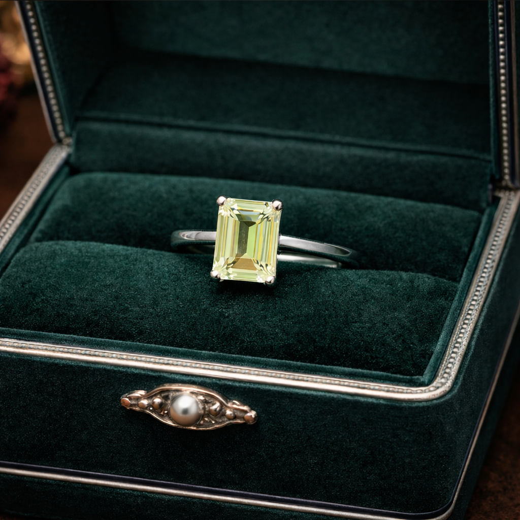 Silver-tone solitaire ring with emerald-cut green center stone