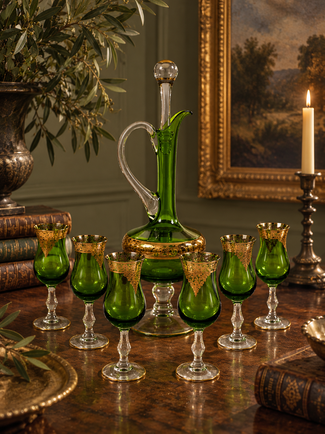 Emerald green glass cordial decanter and six stemmed glasses with ornate gold-tone decoration