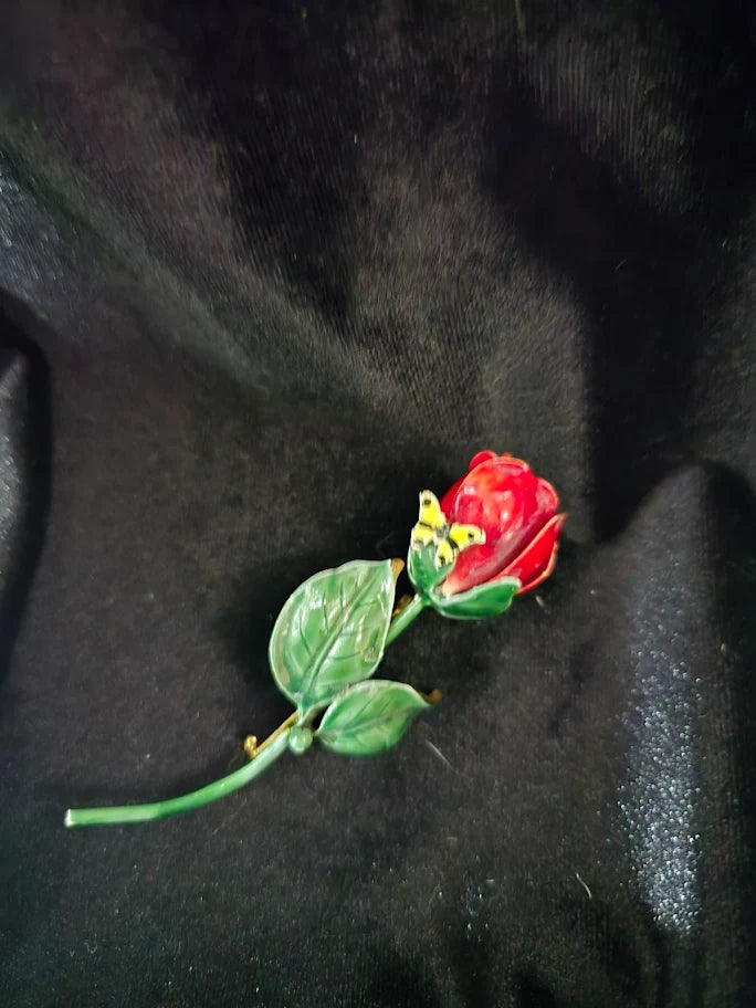 Vintage Red Enamel Rose Brooch with Butterfly, Gold Tone Floral Stem Pin