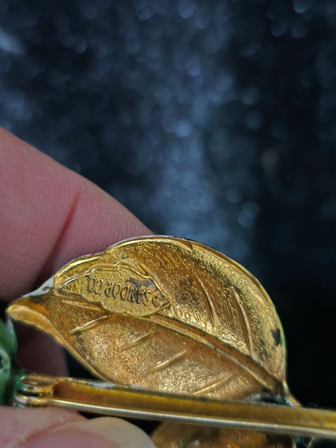 Gold-tone red enamel rose brooch with green stem and butterfly, view 4