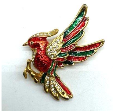 Vintage Enamel Woodpecker Brooch – Red & Green Rhinestone Bird Pin