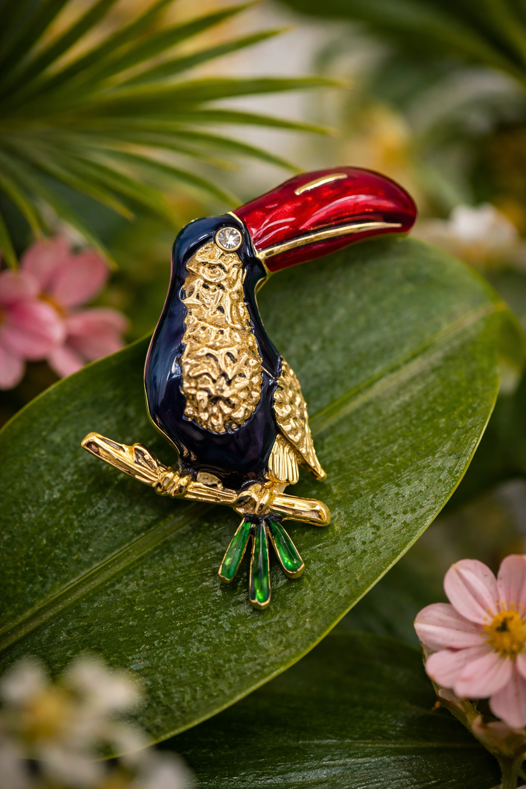 Vintage Enamel Toucan Brooch with Rhinestone Accents – Tropical Bird Design