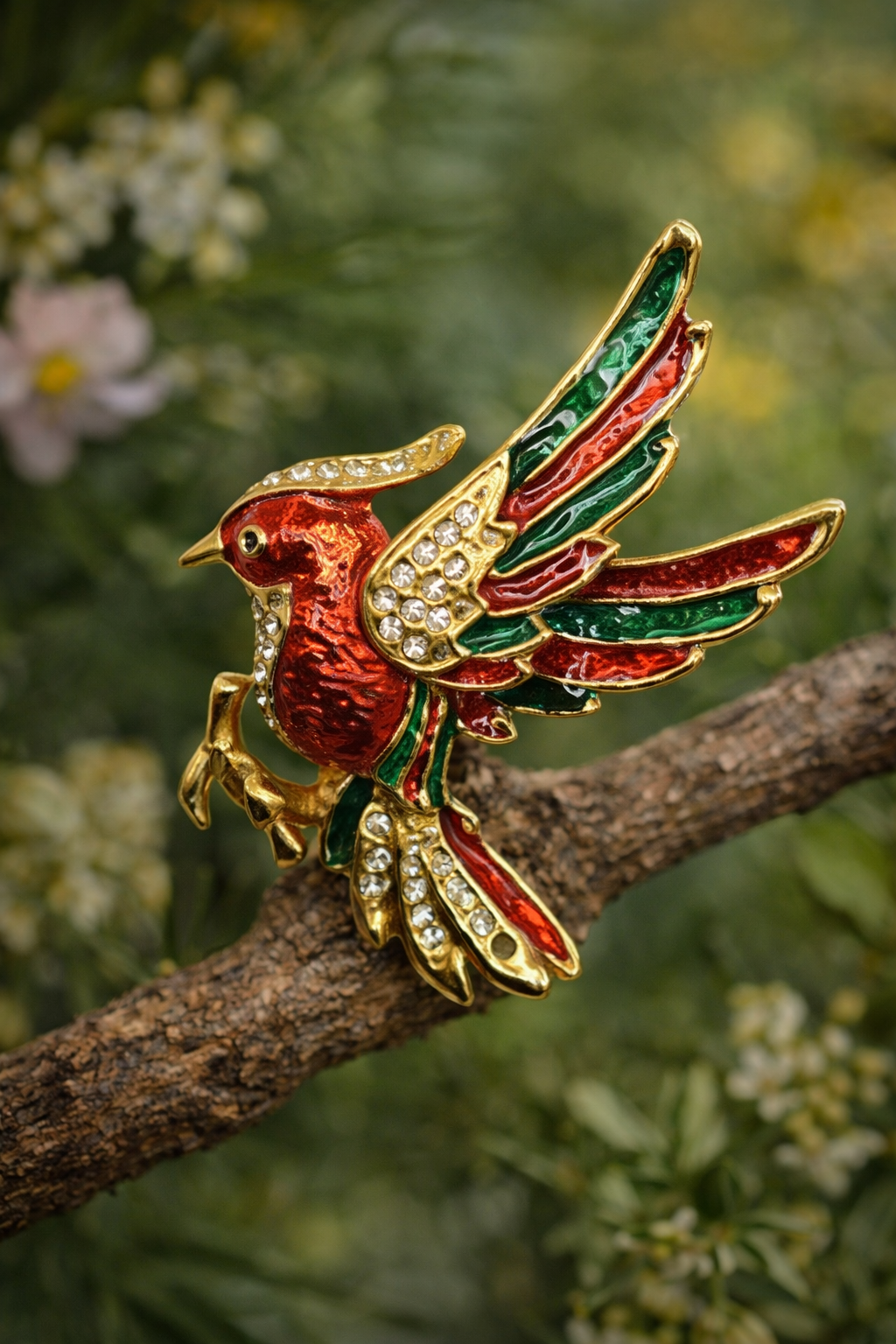 Red enamel woodpecker brooch in gold tone with red, green and clear rhinestones