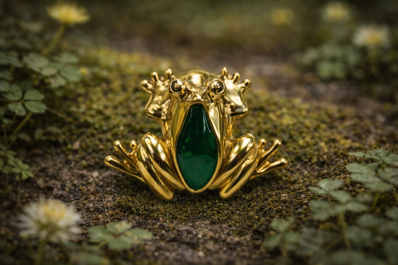 Gold Frog Brooch with Green Enamel Back | Whimsical Statement Jewelry