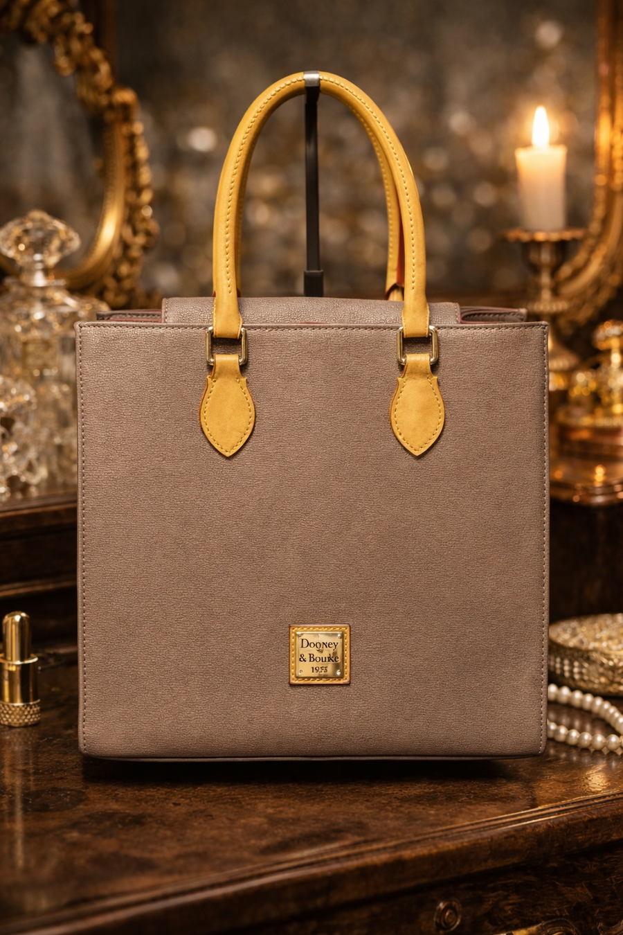 Dooney and Bourke taupe gray saffiano leather Executive tote with tan handles