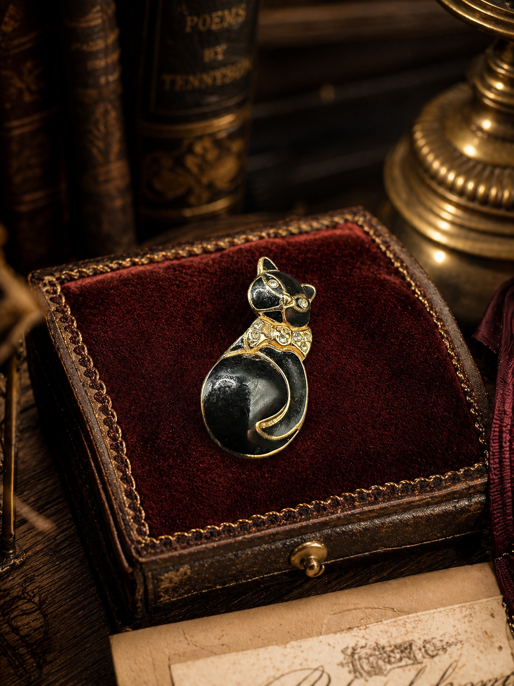 Trifari Gold Tone Black Cat Brooch with Crystal Accents