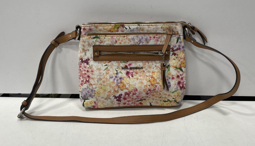 Pastel floral print crossbody bag with warm-toned trim, view 2