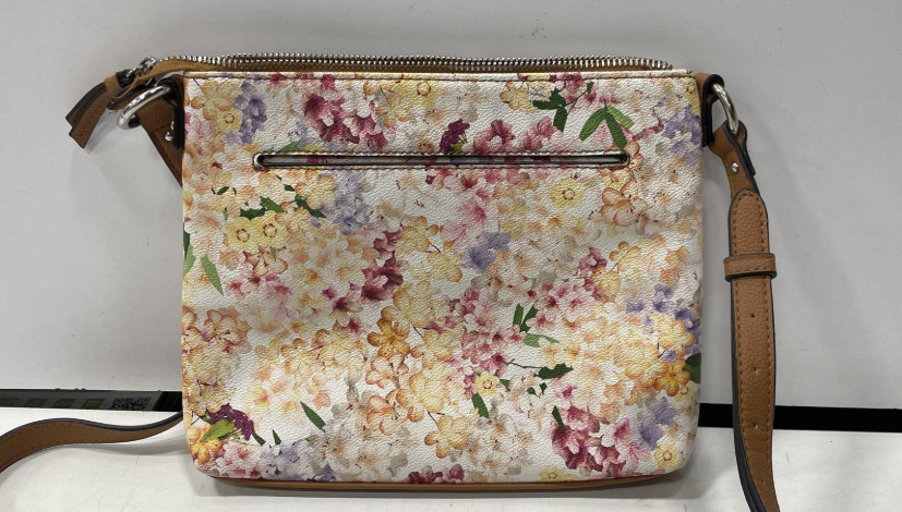 Pastel floral print crossbody bag with warm-toned trim, view 5