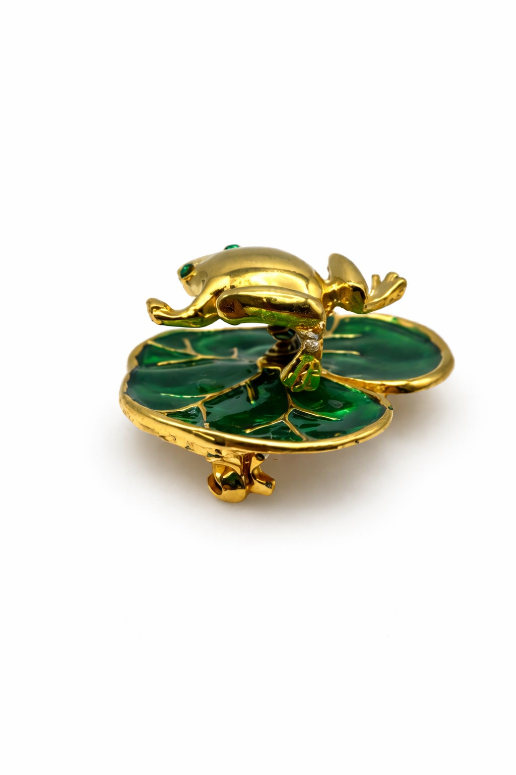 Gold-tone articulated frog brooch seated on a green enamel lily pad, view 2