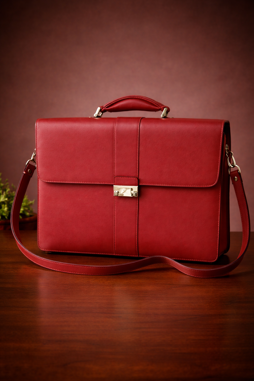 Red leather messenger briefcase handbag with flap front, top handle and shoulder strap