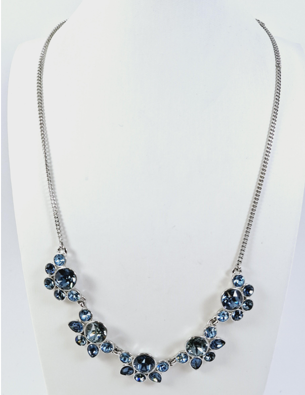 Givenchy Blue Crystal Necklace Silver Tone Floral Statement Necklace 18.75” Signed