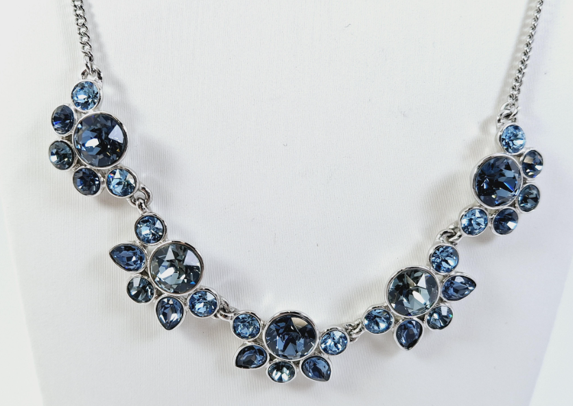 Givenchy Blue Crystal Necklace Silver Tone Floral Statement Necklace 18.75” Signed