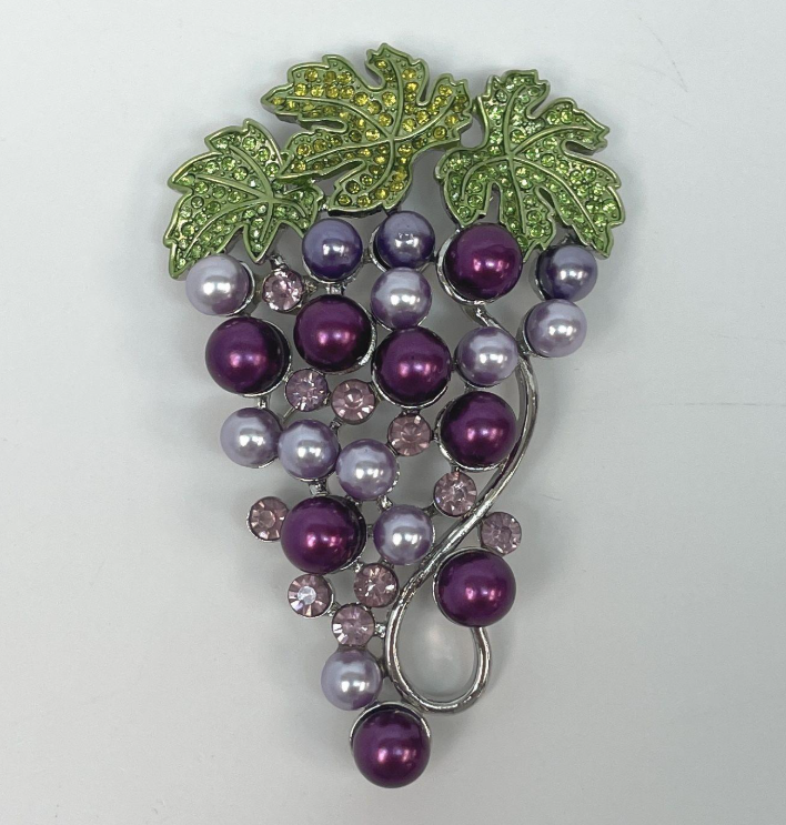 Grape cluster brooch with purple and lavender faux pearls and green rhinestone leaves, view 2