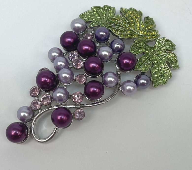 Grape cluster brooch with purple and lavender faux pearls and green rhinestone leaves, view 4
