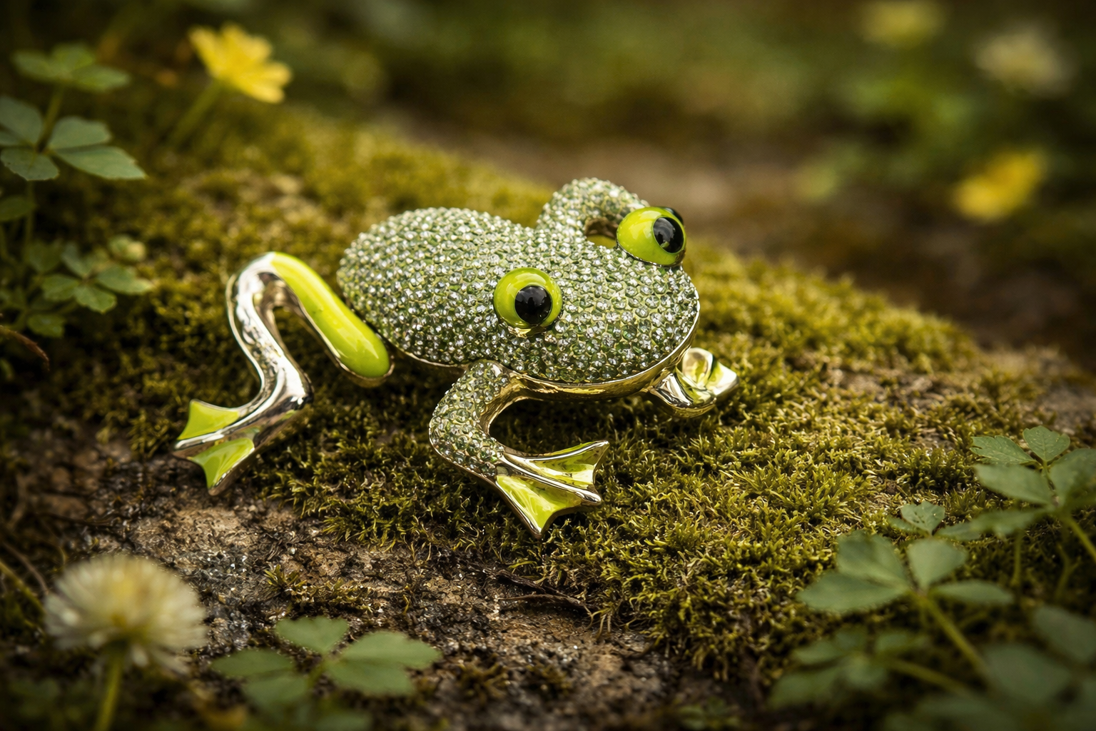 Articulated Green Frog Brooch | Crystal Pavé & Enamel | Whimsical Collectible Jewelry