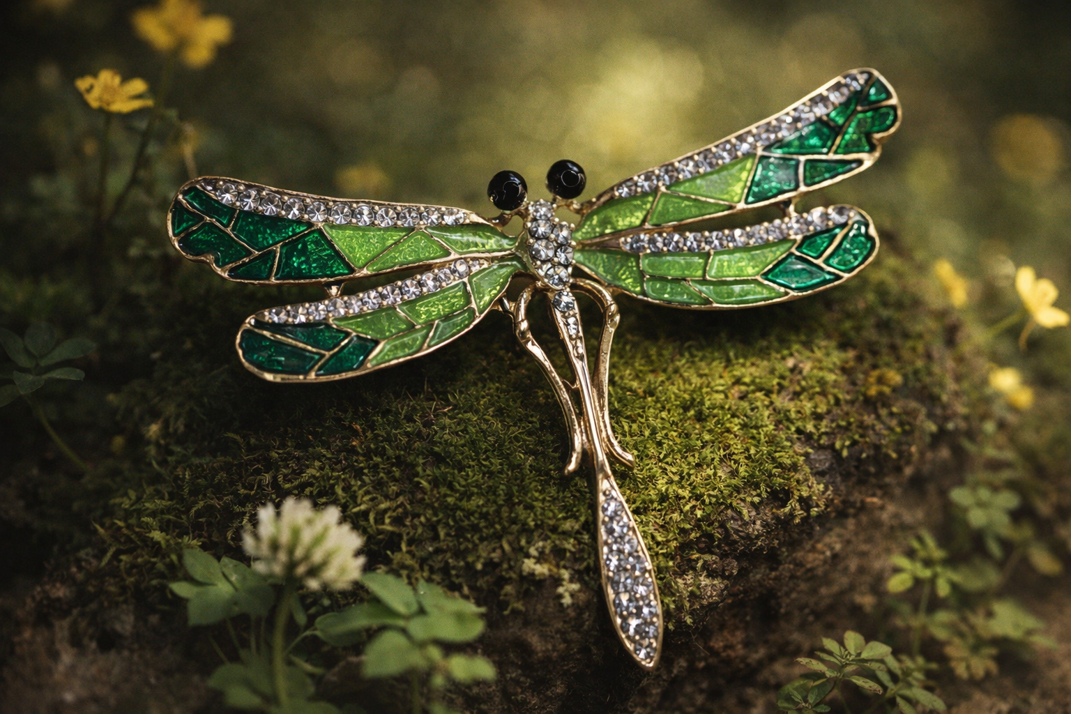 Green Dragonfly Rhinestone Enamel Brooch