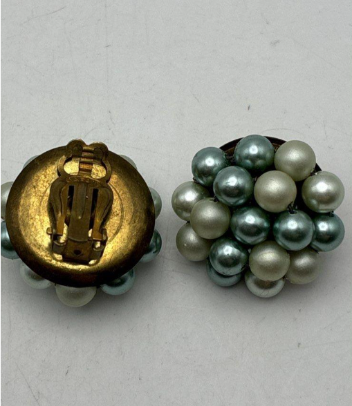 Two-tone green faux pearl multi-strand bracelet with matching cluster clip earrings, view 3