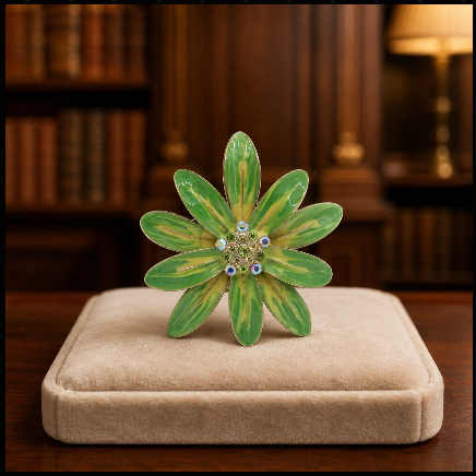 Large Green Metal Flower Brooch with Rhinestone Center, Vintage Botanical Statement Pin