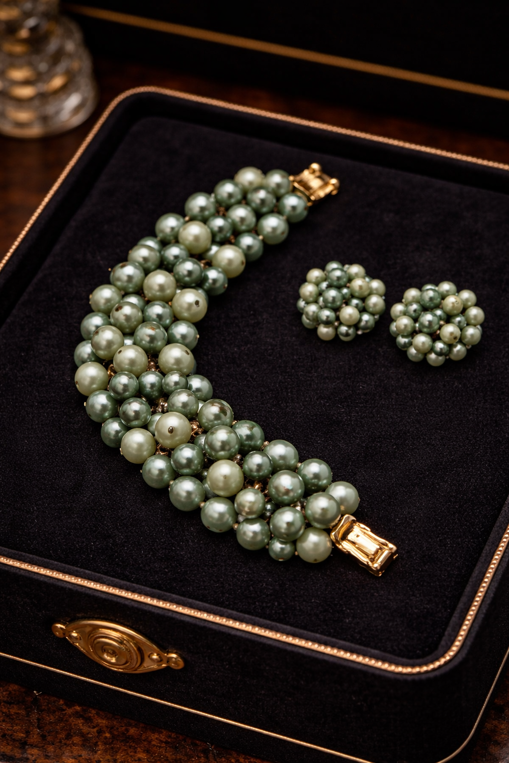 Two-tone green faux pearl multi-strand bracelet with matching cluster clip earrings