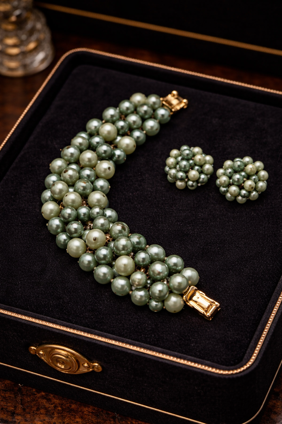 Two-tone green faux pearl multi-strand bracelet with matching cluster clip earrings