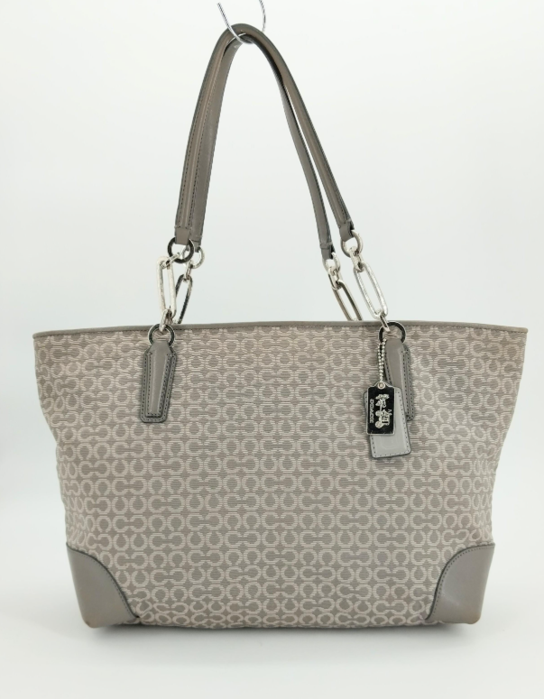 Coach Gray Signature Canvas Tote | Leather Trim Shoulder Bag Silver Hardware Classic Coach