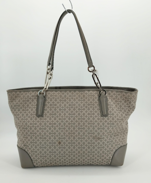 Coach gray signature canvas tote with gray leather trim and silver-tone chain strap accents, view 8