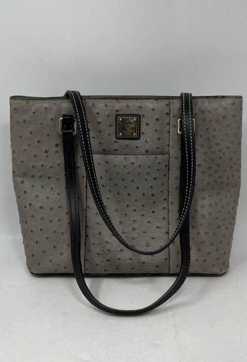 Dooney & Bourke Ostrich Embossed Leather Shopper Tote Grey Taupe w/ Red Interior Classic Lexington Style