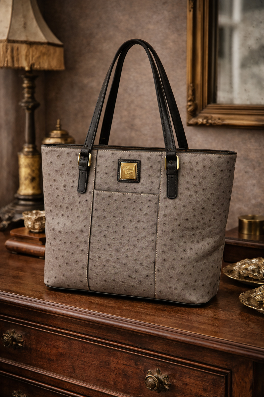 Dooney & Bourke Ostrich Embossed Leather Shopper Tote Grey Taupe w/ Red Interior Classic Lexington Style