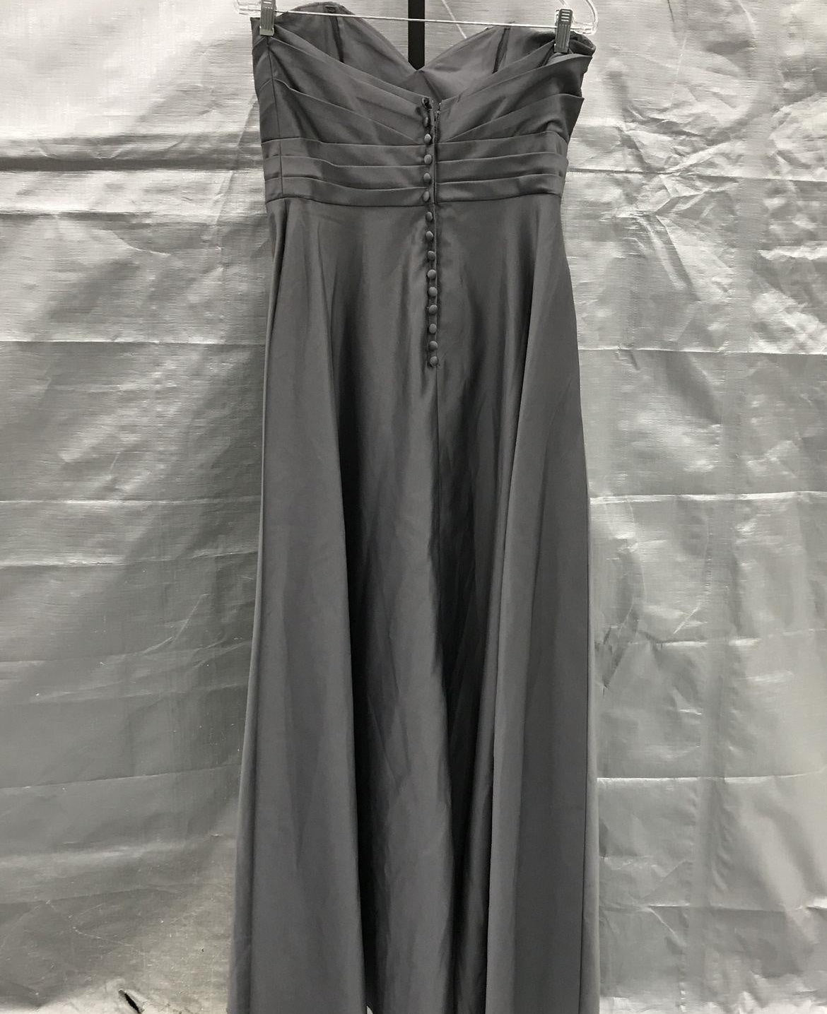 Alfred Angelo long grey strapless formal gown with structured bodice and full skirt, view 5