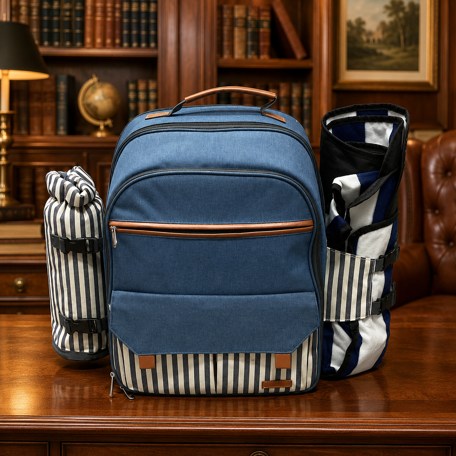 Sunflora blue insulated picnic backpack for four with striped accents and rolled blanket
