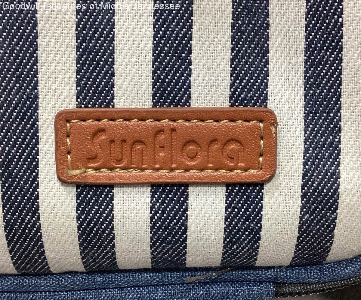 Sunflora blue insulated picnic backpack for four with striped accents and rolled blanket, view 8