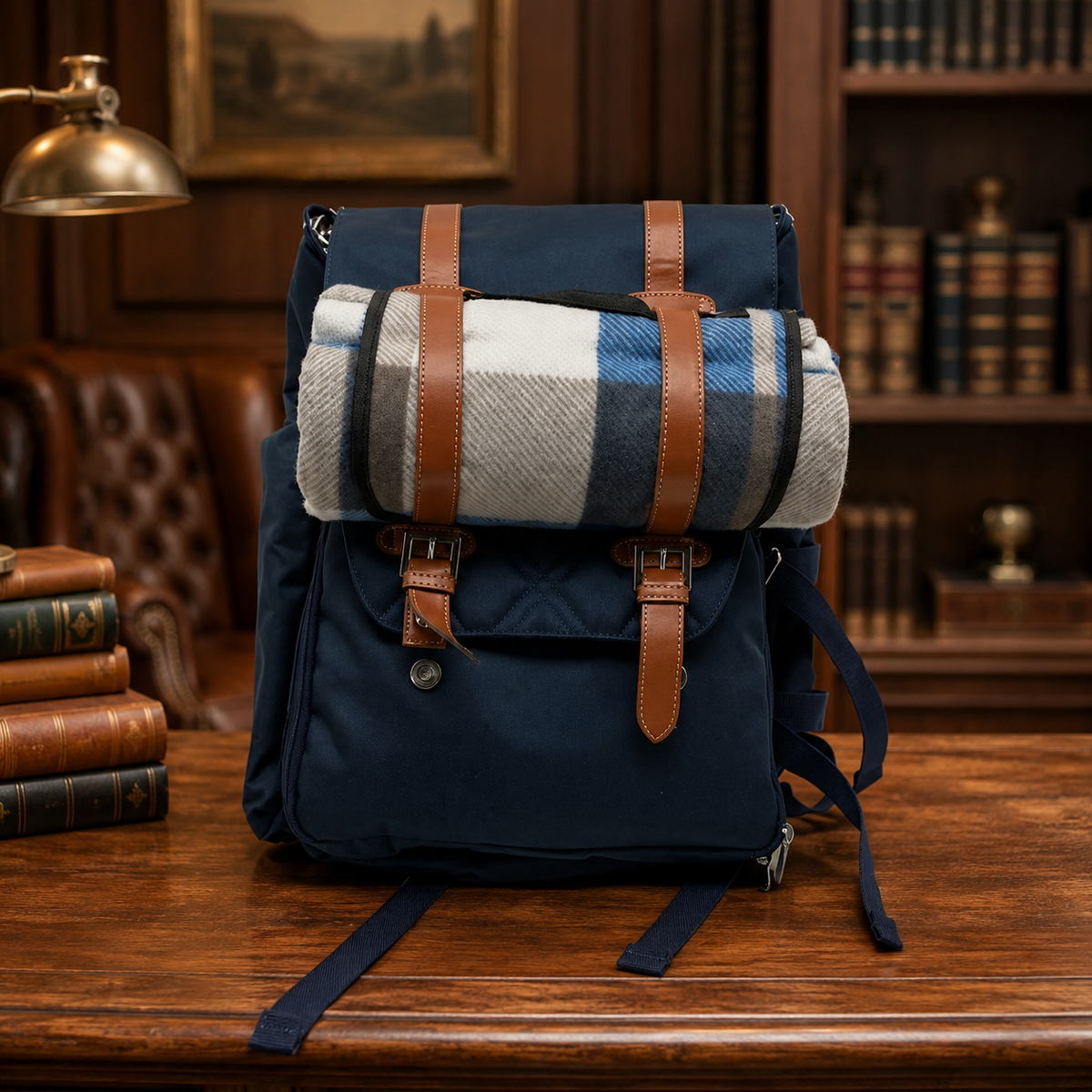 Navy insulated picnic backpack with rolled blanket, cups, plates and utensils