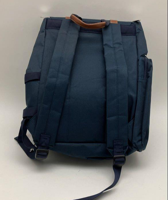 Navy insulated picnic backpack with rolled blanket, cups, plates and utensils, view 6
