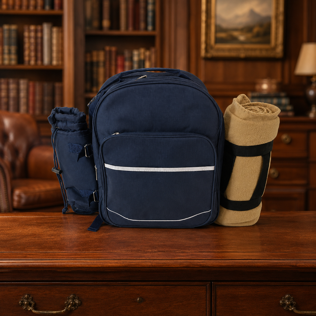 Picnic at Ascot navy picnic backpack for four with blanket, plates, cups and utensils