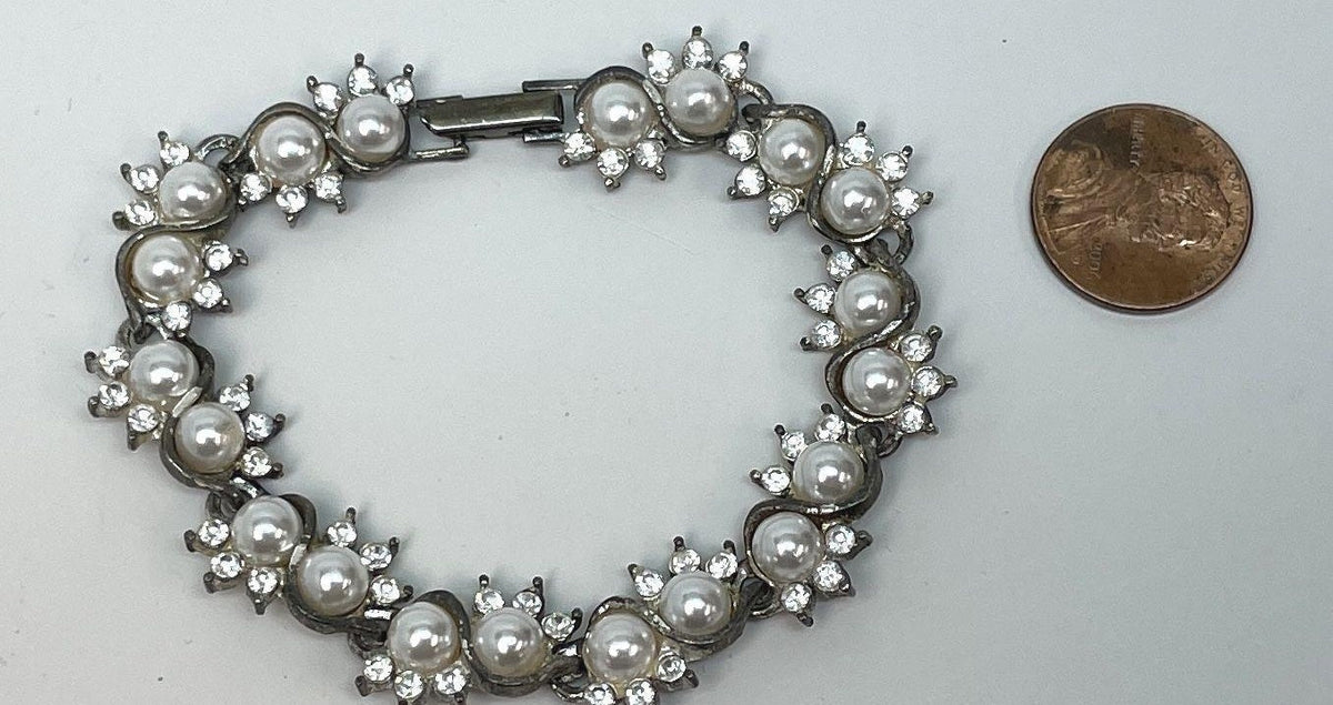 Silver-tone link bracelet with faux pearls and clear rhinestones, view 4