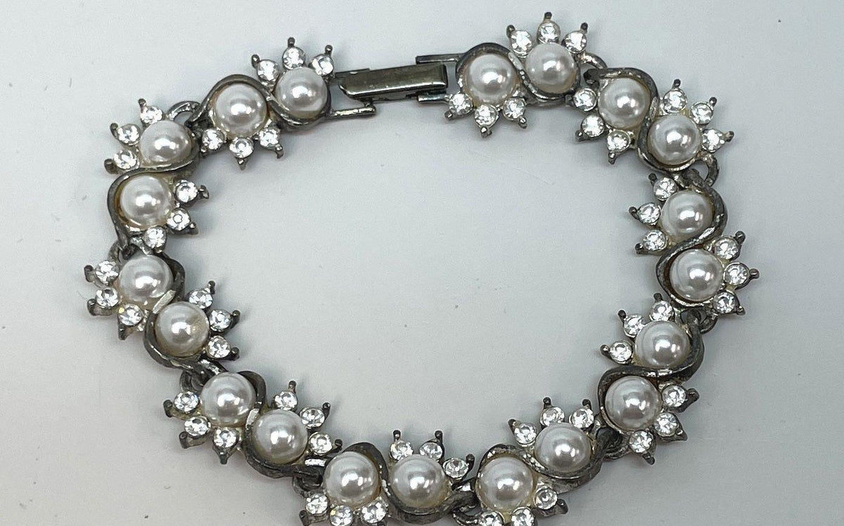 Silver-tone link bracelet with faux pearls and clear rhinestones, view 5