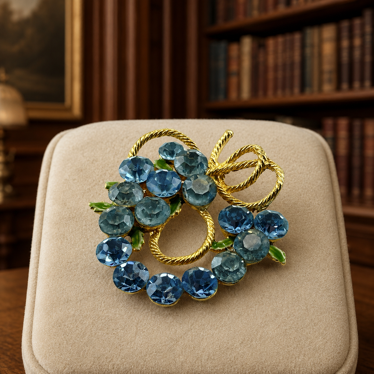 Gold-tone openwork brooch with blue rhinestone cluster and green enamel leaves