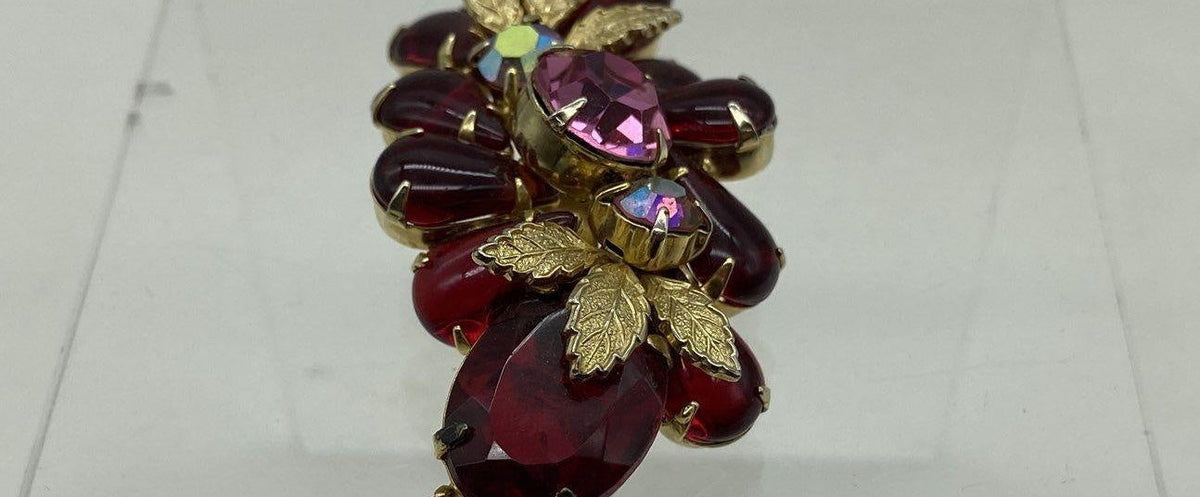 Gold-tone leaf spray brooch with red, pink and AB rhinestones, view 4