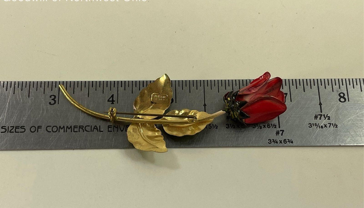 Gold-tone long-stemmed rose brooch with red and green enamel, view 4