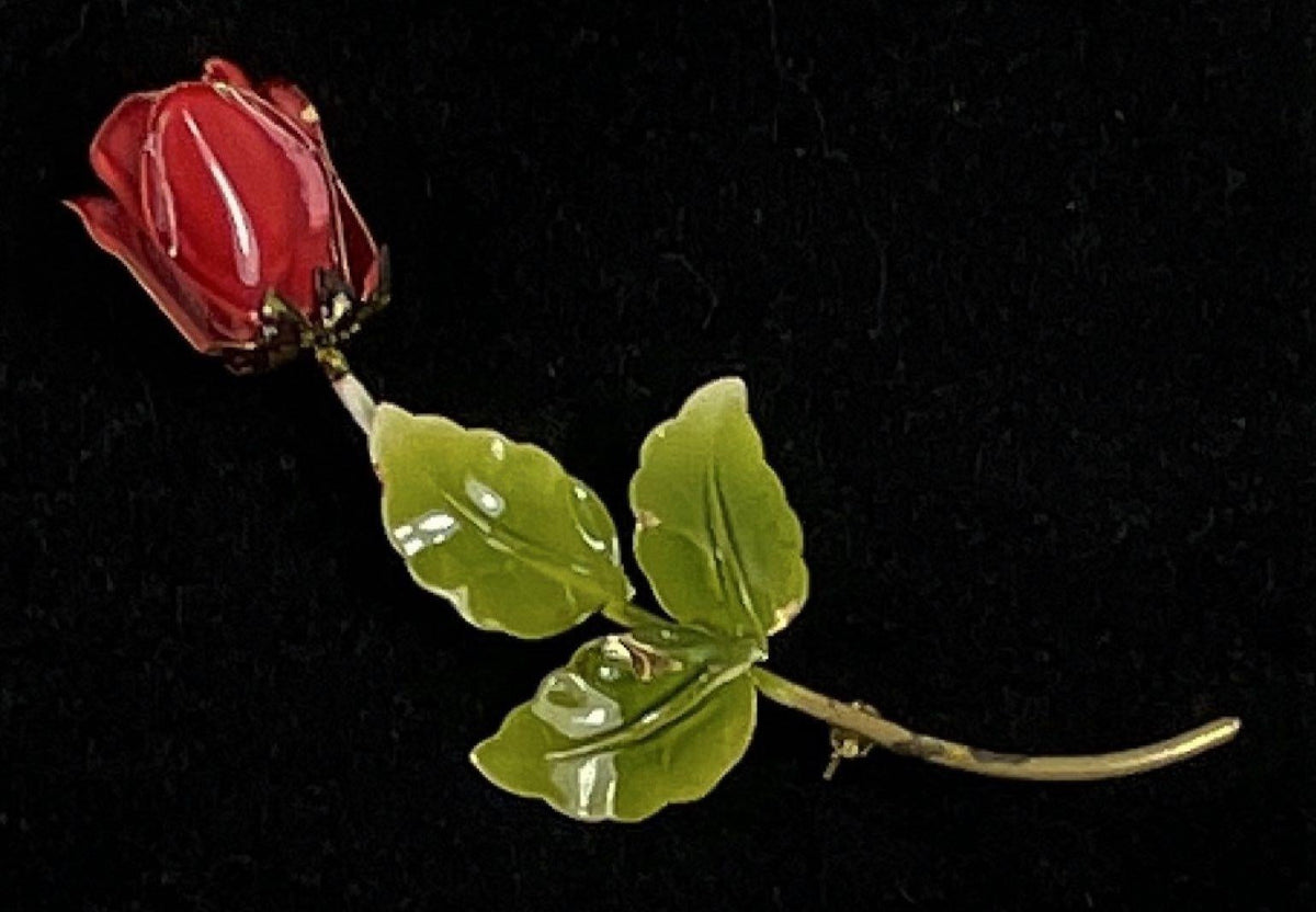 Vintage Gold Tone Red Green Enameled Long Stemmed Rose Floral Austria Brooch