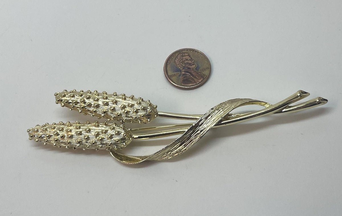 Gold-tone cattail brooch with slim botanical lines, view 4