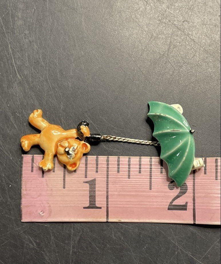 Vintage JJ Signed Colorful Enamel Teddy Bear Umbrella Brooch Pin 2.25