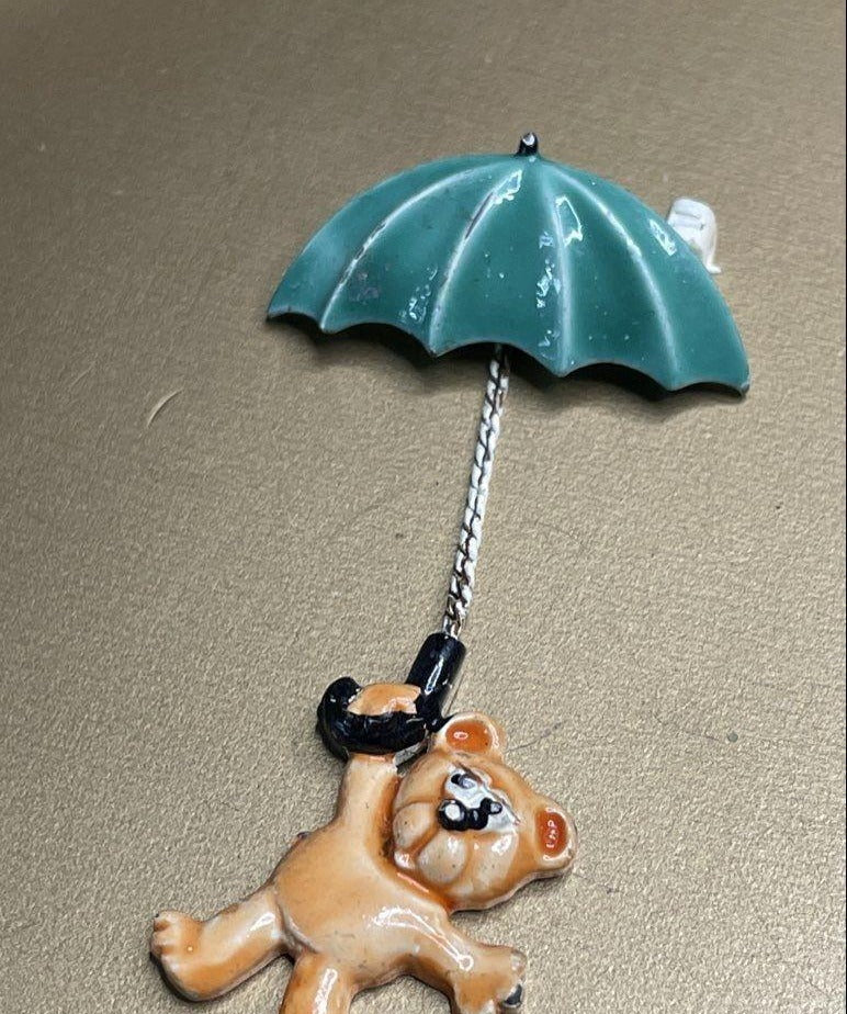 Vintage JJ Signed Colorful Enamel Teddy Bear Umbrella Brooch Pin 2.25