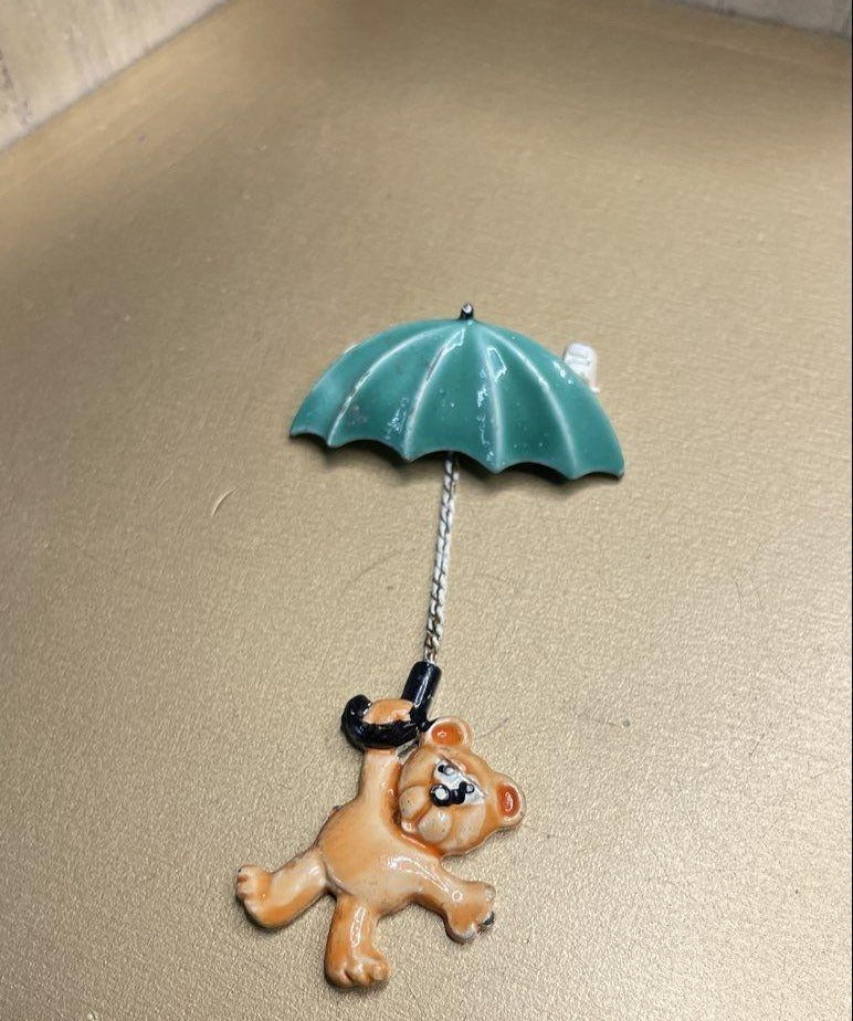 Vintage JJ Signed Colorful Enamel Teddy Bear Umbrella Brooch Pin 2.25
