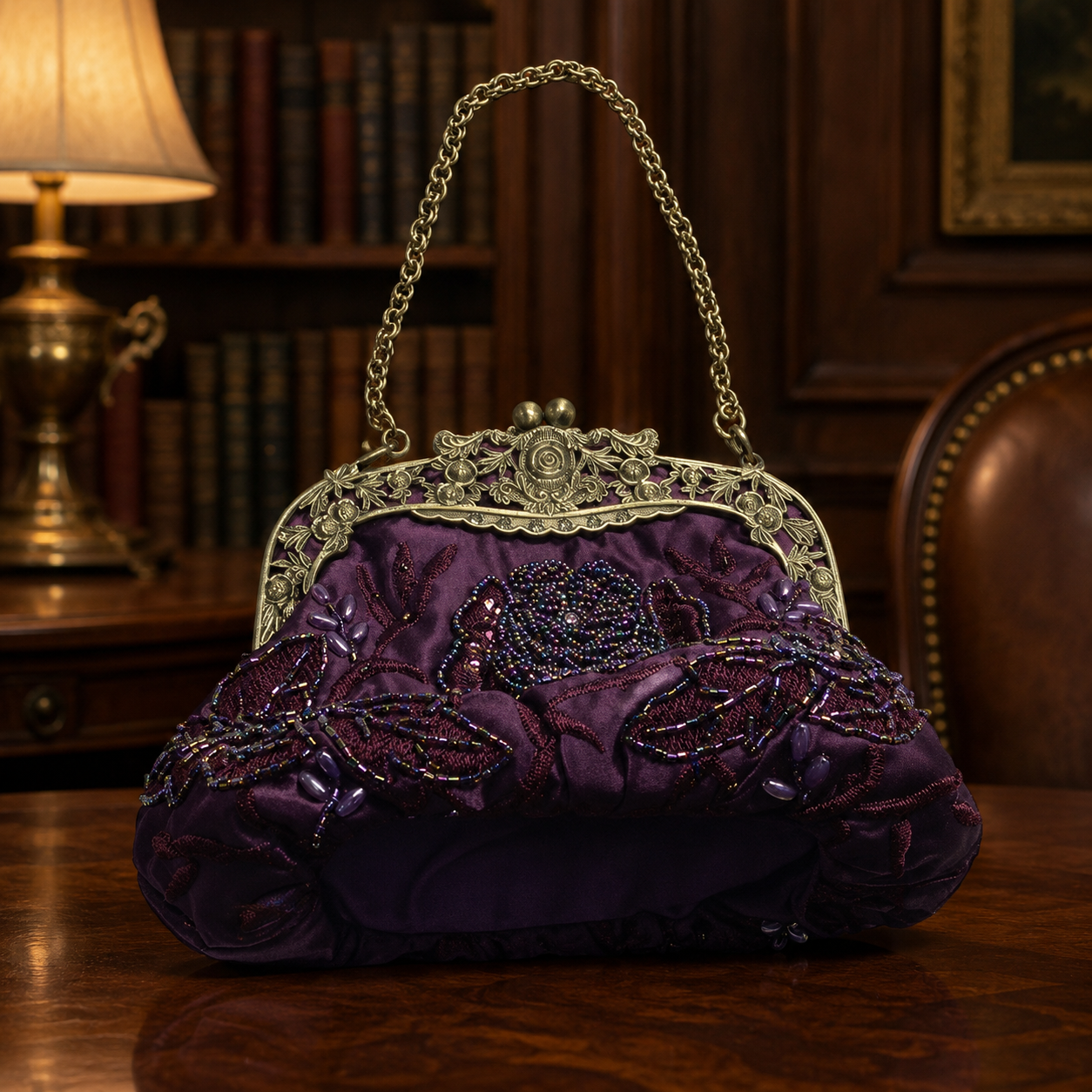 Embroidered Rose with Sequins and Beads Evening Clutch Bag