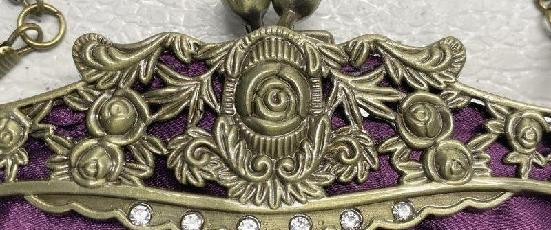 Purple satin evening clutch with rose embroidery, sequins, beads and ornate antiqued frame, view 6